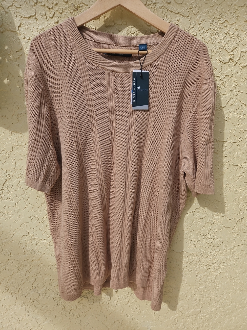 Perry Ellis 100% Cotton Rib Knit Short Sleeve Sweater - Taupe Beige